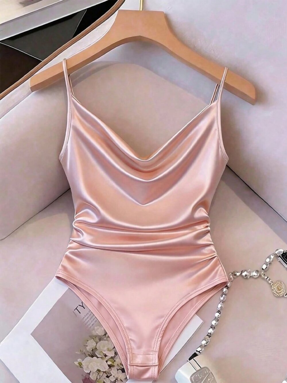 Elegant Pink Women's Ruched Satin One Piece Swimsuit